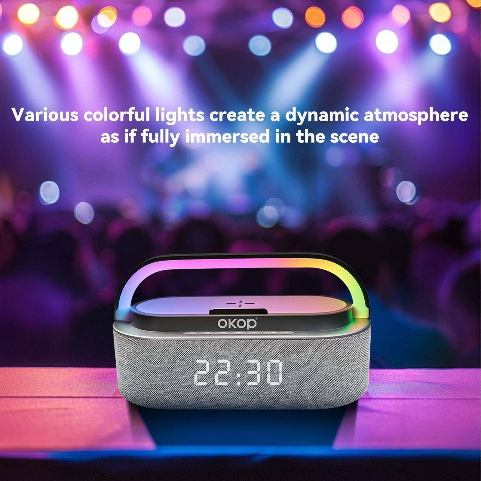 Bluetooth Speaker Alarm Clock with Wireless Charging – Black – product view 4