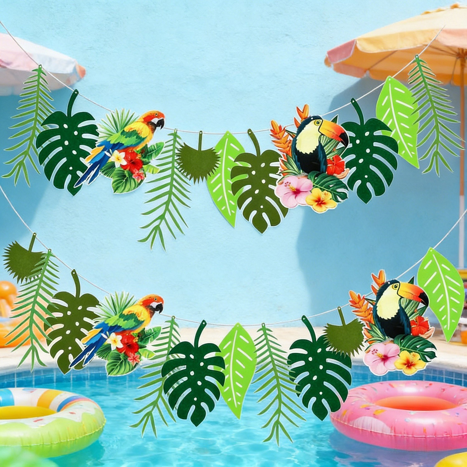 Set Of 3 Tropical Leaf Banners Made Of Felt, Large Hawaiian Monstera Garlands For Summer Parties, Green Plant Decor For Beach Parties & Tiki Parties, Durable Felt Party Accessory Set