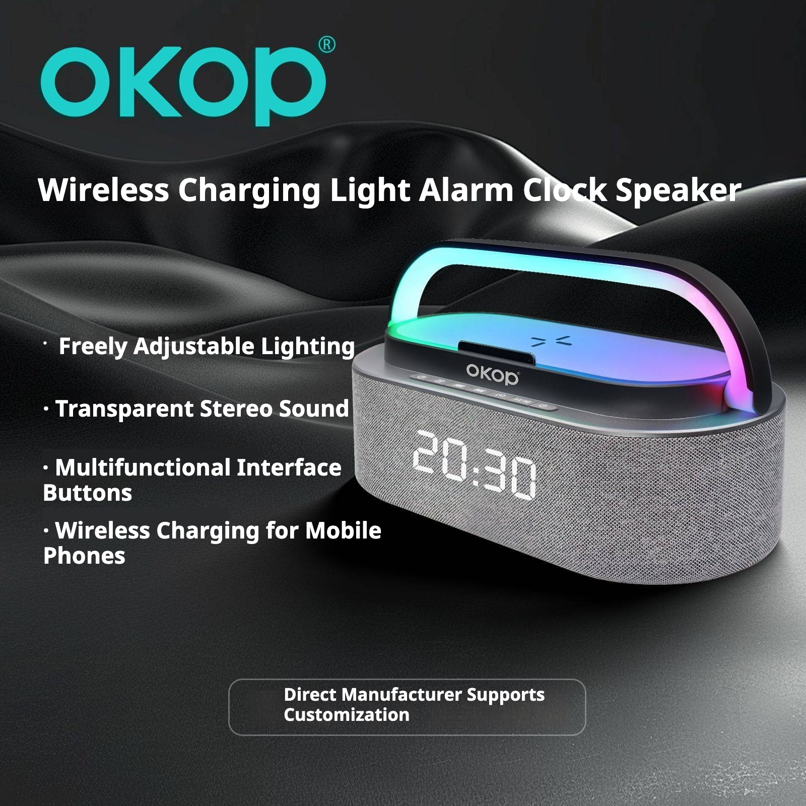Bluetooth Speaker Alarm Clock with Wireless Charging – Black – product view 3